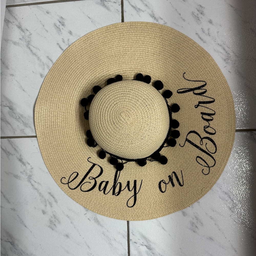 Beige Sun Hat with Black Pom Poms